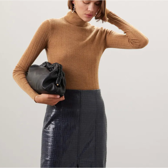 Tanya Taylor Camel Turtleneck Sweater LARGE Bodycon Merino Wool Designer $400 - Picture 1 of 10